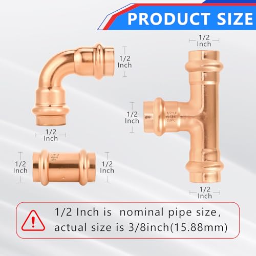 1/2" Copper Press Fittings Assortment Kit – 2 Tees, 3 Elbows, 5 Couplings |, Quick Press Copper Pipe Fittings for Plumbing Projects,10-Pack