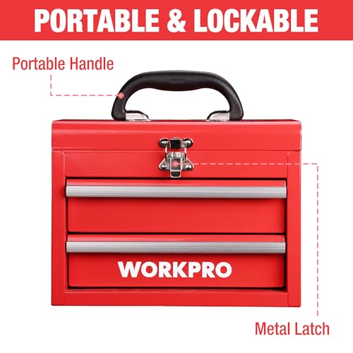 WORKPRO Portable Mini Metal Tool Box with 2 Drawers - color: Red