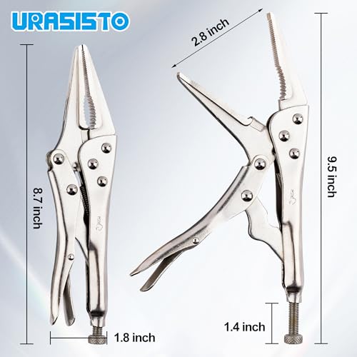 URASISTO 9-Inch Long Nose Locking Pliers, Premium Cr-V Construction, Long Nose Pliers with Wire Cutter for Easy Access to Hard to Reach Areas