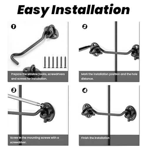 2 Pack 6'' Door Latch Door Lock Hardware, 6'' Hook and Eye Gate Latch Easy Lock for Barn Door, Black Sliding Door Lock with Screws for Window, Cabin Hooks