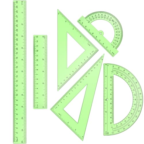 Tenare 6 Pcs Math Geometry Ruler Straight Protractor Triangle, Green - color: Green