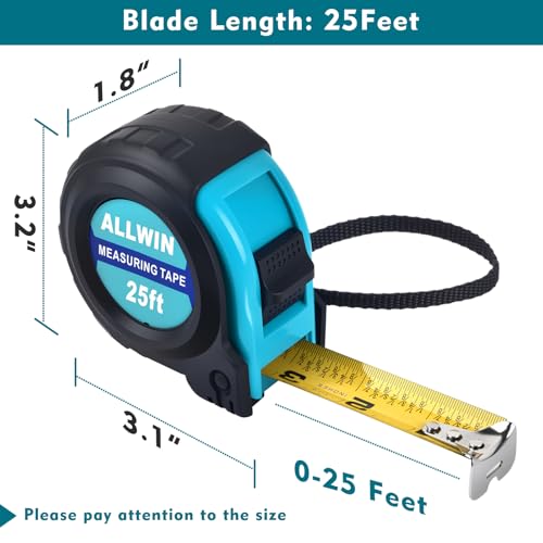 Tape Measure 25 Ft - Metal Retractable Tape Measure with Fractions, Easy Read, 1-inch Wide X 25 Foot - Light Blue - color: Light Blue