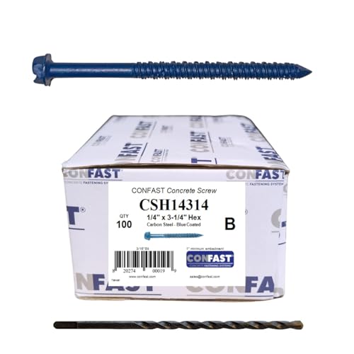 CONFAST 1/4" x 3-1/4" Hex Head Concrete Screw Anchor with Drill Bit for Anchoring to Masonry, Block or Brick (100 per Box) - size: 1/4" x 3-1/4"