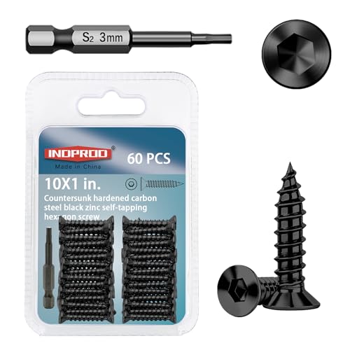 60-Piece #10 x 1 inch Flat Head Hex Socket Self Tapping Screws - Black Zinc Plated Steel, Countersunk Wood Screws with Drive Bit, for Woodworking & Furniture Repair - size: #10 x 1"