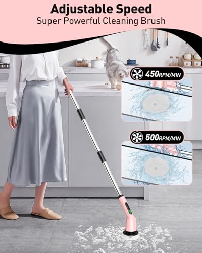 Electric Spin Scrubber for Bathroom, Shower Scrubber with Long Handle - color: Pink, size: 3 Brush Heads