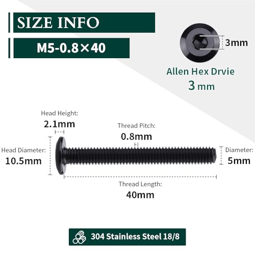 M5-0.8 x 40mm (50 pcs) Black Hex Socket Head Cap Screws, 304 Stainless Steel 18/8, Furniture Bolts, Connector Screws for Furniture, Black Oxide Finish, Full Thread, Hex Spanner Wrench Included - size: M5-0.8 x 40mm