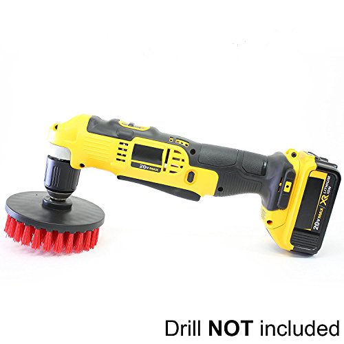 Drill Brush Heavy Duty 2PCS – Clean Tile & Grout 5X faster – Spin Away Rust, Soap Scum, Mineral Deposit, Hard Water Stain – 5″ Diameter Stiff Red Nylon Bristle with Metal Shaft Attachment