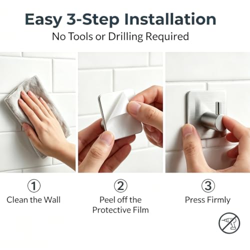Fotosnow Adhesive Wall Hooks, 15lbs Stainless Steel Heavy Duty No Drill Towel Hooks for Bathroom Kitchen Entryway Dorm-6 Packs - color: Silver-6 Pack