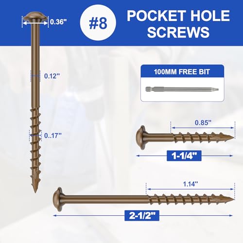 #8 Pocket Hole Screws 1-1/4 Inch, 100Pcs Coarse Thread Wood Screws, Square Drive, Washer Head, 4-Layer Coating, Drive Bit Included (Brown) - color: Brown, size: #8 x 1-1/4"