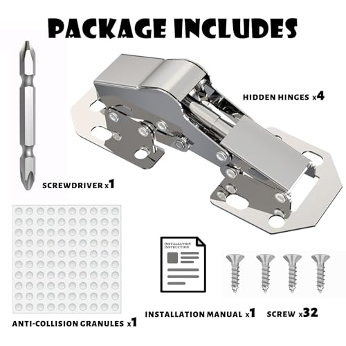 BESTEEL 4 Pack Hidden Hinges Upgrade Soft Close Surface Mounting Hinge,90 Degree Concealed Cabinet Hinges for Kitchen Cabinet Doors Frameless,No Pre-drilled,Surface Mount Hinges with Extra Bumper - size: 4 PCS