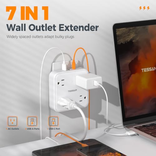 TESSAN Multi Plug Outlet Extender, Surge Protector Splitter | 3 USB (1 USB C Port) Wall Charger, Multiple Expander Surge Protector for Travel, Home, College Dorm Room, White - style: 1 USB C (White)