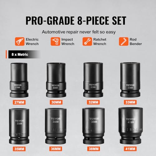 VEVOR 1" Drive Impact Socket Set, 8 Piece Deep Socket Set Metric 27-41mm, 6 Point Cr-Mo Alloy Steel for Auto Repair, Easy-to-Read Size Markings, Rugged Construction, Includes Storage Case - size: 1" 8 PCS CR-MO