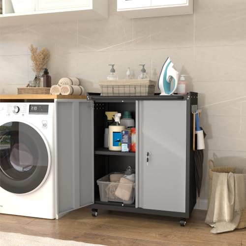 Metal Garage Storage Cabinet with Wheels, Lockable Rolling Tool Cabinet - color: Blackgrey, size: 26" W × 14" D × 31.88" H