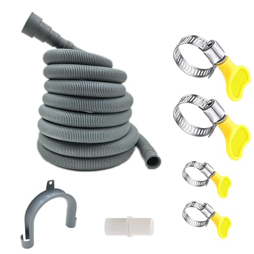 HLMOptimo 16 Feet Universal Washing Machine Drain Hose Flexible Dishwasher Drain Hose Extension Kits Corrugated Washer Hose w/ 1 Adapter 4 Clamps 1 U-Bend Holder - size: 16 feet