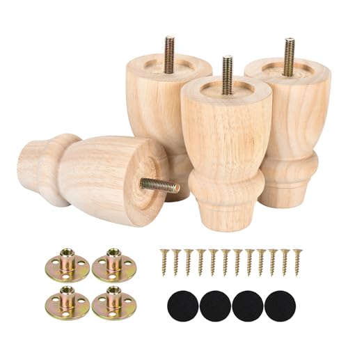 Maricome 4 inch Unfinished Bun Feet Set of 4 Predrilled M8 Bolt Turned Wood Replacement Legs for Sofa Couch Cabinet Chair Ottoman - color: 4 Inch Unfinished