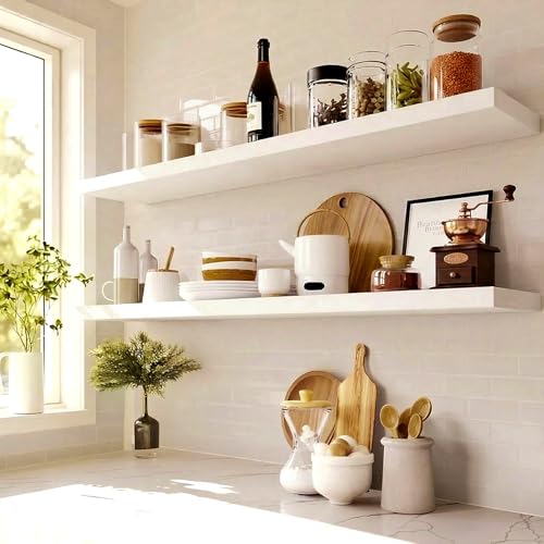 Amada 47 Inch Floating Shelves with Invisible Brackets, Set of 2, White | Wall Shelves with Hidden Bracket, Solid MDF Wood, 22 lbs Max Load per Shelf, Easy to Assemble, Multi-Wall Compatible - color: White, size: 47 inches