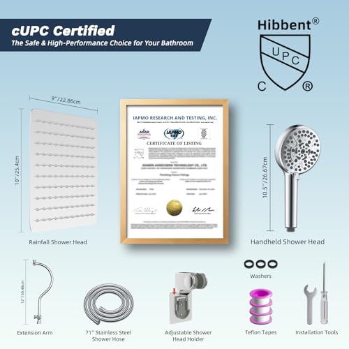 Hibbent All Metal cUPC Certified High Pressure Rainfall 10'' Shower Head - color: Chrome, style: Square 10''