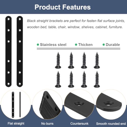8 Pcs Black Flat Bracket 8 Inch Stainless Steel Straight Braces, Mending Plates Repair Fixing Brackets Heavy Duty Straight Repair Joining Plates with Screws - size: Black 8 PCS-8 inch