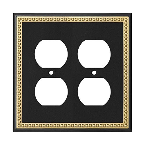 Pearled Frame Decorative Wall Plate Switch Plate Outlet Cover (Double Duplex, Black & Dark Golden) - style: Double Duplex