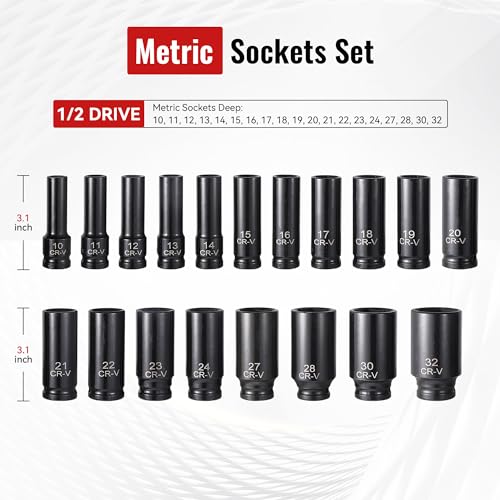 Reniteco 25-Piece 1/2" Drive Socket Set, Metric 10mm-32mm, 6-Point, Cr-V - size: 25 PCS-1/2"