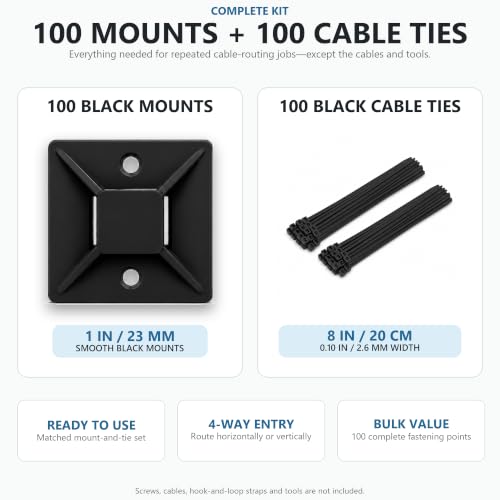 1 in Adhesive Zip Tie Mounts with 8 in Zip Ties, black 100 Sets - color: Black-100set