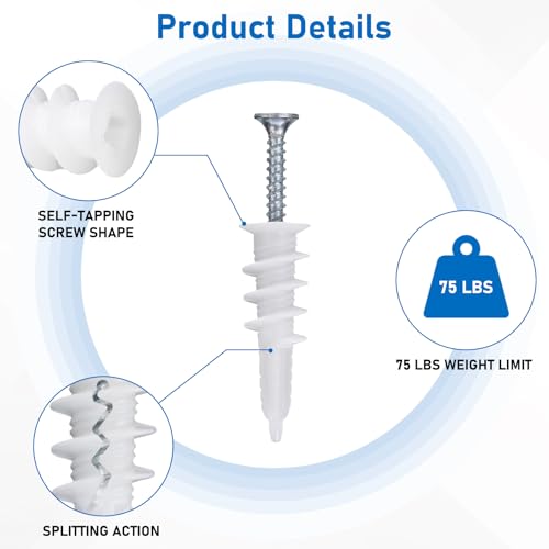 Self Drilling Drywall Anchors, 100PCS Heavy Duty Dry Wall Anchors and Screws Kit for Hanging Sheetrock, 50 Self-Tapping Plastic Drywall Hangers 50 Sheet Rock Screws - size: 50pcs