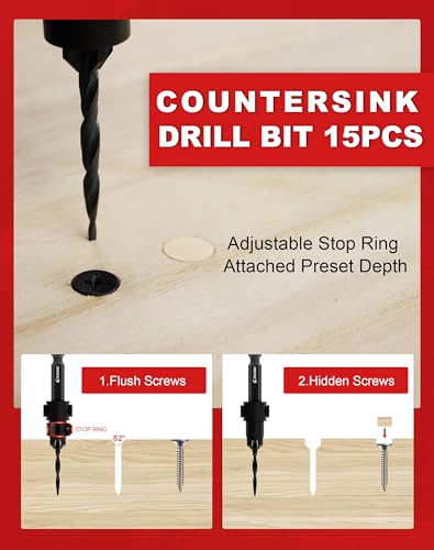 EZARC Countersink Drill Bit Set, 15PCS Tapered Bits with Plug Cutters