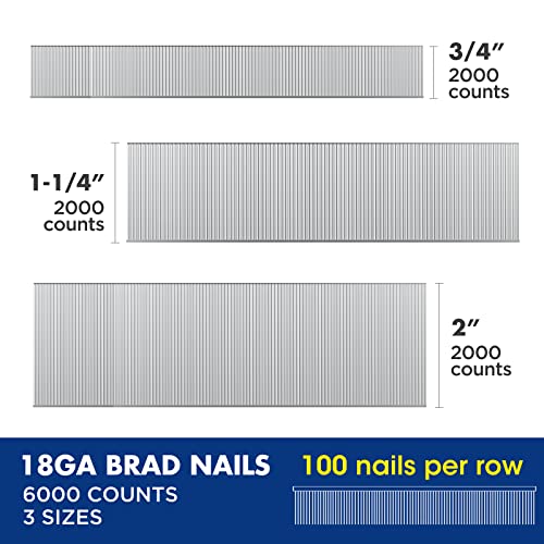 WORKPRO 18 Gauge Brad Nails, 2", 1-1/4", 3/4" Brad Nails, 6,000 Count - size: 2'',1-1/4'', 3/4''