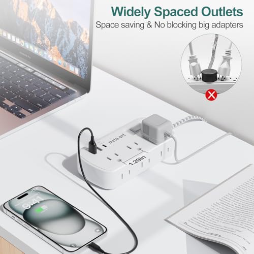 Small Power Strip 5 FT - Flat Plug Outlet Extender, 9-in-1 Surge Protector with 6 AC Outlets 3 USB (USB-C), 5ft Braided Extension Cord, Wall Mountable for Home Office Living Room TV Stand Bedside Desk - size: 5 FT
