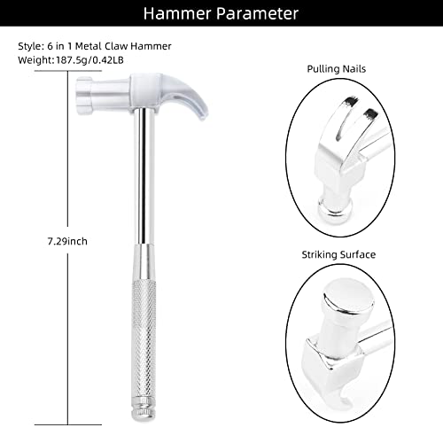 YOUMI 6 in 1 Silver Hammer & Screwdriver Tool Multitool Set Claw Hammer with Anti-Slip Grip Handle Slotted/Flat Head Phillips Screwdriver Nail Puller Best Gift for Family Friends Colleagues - color: Silver