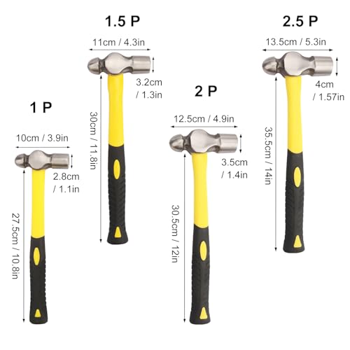4 PCS Ball Pain Hammer Set, 16oz+24oz+32oz+40oz, Sheet Metal Hammer, Ball-Peen Hammer with Forged Steel Head and Rubber Handle, by GENHAKON. - size: 4 PCS 16oz+24oz+32oz+40oz