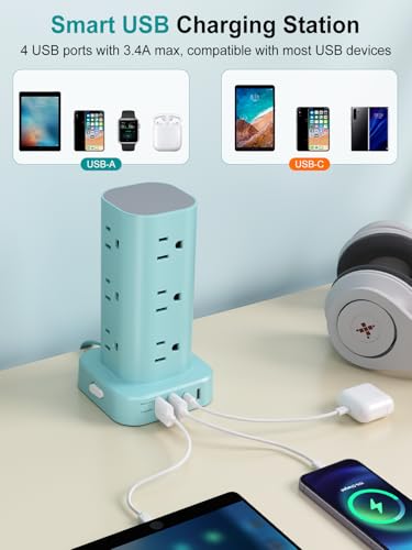 6FT Power Strip Tower Surge Protector, 12 Wide Spaced Outlets, 4 USB - color: Blue, size: 6FT without Wireless Charging