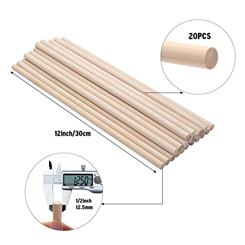 20 PCS Wooden Dowel Rods Wood Macrame Dowels 1/2x 12 inch, Round Wooden Sticks for Crafts, Unfinished Hardwood Sticks for Arts and DIYers, Crafting, Tiered Cake Support and Wedding Ribbon Wands - size: 1/2"×12"-20PCS