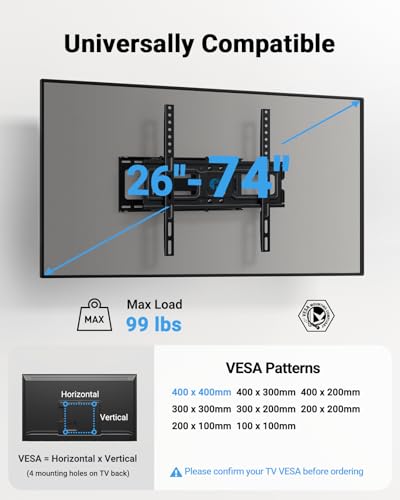 Pipishell TV Wall Mount for 26-74 inch LED LCD OLED 4K TVs up to 99lbs, Full Motion TV Mount Bracket Articulating Swivel Extension Tilting Leveling Max VESA 400x400mm, Fits 12/16 Inch Wood Studs - size: 26-74 inch TVs, style: TV Mount without LED