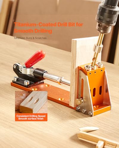 VEVOR Pocket Hole Jig Kit, Adjustable and Easy to Use Pocket Hole Jig System with Step Drills, Wrenches, Drill Stop Rings, Screws and Square Drive Bits, Dual Scale Marks, for DIY Carpentry Projects - color: Orange