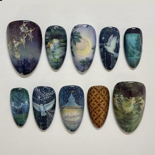 SINHOT Almond Press on Nails - Medium Fake Nails, Glossy Finish, Cute Pattern & White Dove, DIY Artificial False Nail Art - 24 Pcs Nail Kit with Glue