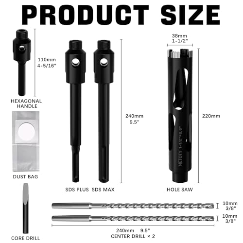 Diamond Core Drill Bit 1-1/2"(38mm) with Pilot Bit & Adapters (SDS Plus & Hex) – Upgraded Welded Segments, 8.6" Depth – for Concrete, Solid Brick, Hollow Brick, Masonry & More - size: (1-1/2"/38mm)