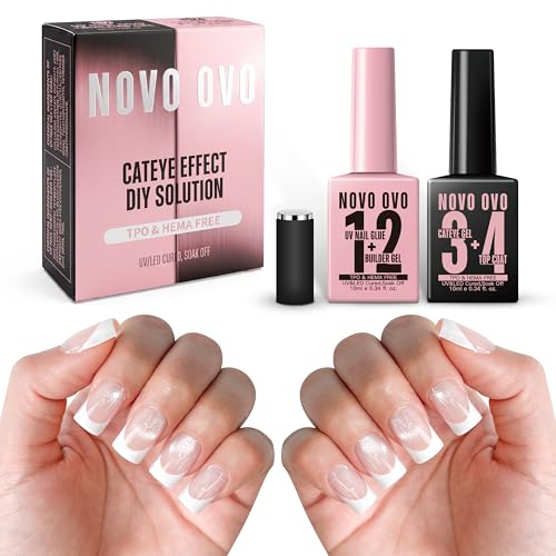 NOVO OVO UV Nail Glue (Also Work as Builder Gel) and Top Coat (with Cat Eye Effect) Kit, Hema TPO Free, Super Strong Adhesive for Press on Acrylic Nails, CatEye Gel Glitter Polish, Magnet Included