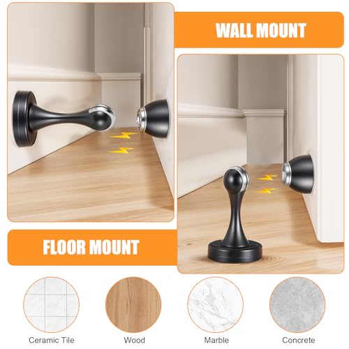 6 Pcs Magnetic Door Stoppers, Stainless Steel Heavy Duty Magnetic Door Stops for Wall and Floor Mounting, Door Holder Keep Door Open (Black)