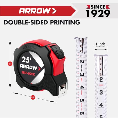 Arrow 25FT Auto-Lock Tape Measure, Easy Read Double Sided Measuring Tape