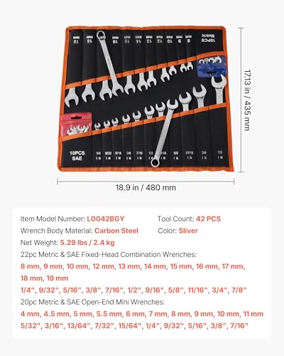 VEVOR Combination Wrench Set, 42-Piece SAE and Metric, 12-Point Box End and 15° Angled Open End Combination Wrenches with Roll Up Pouch, Carbon Steel, for General Household and Automotive Repairs - size: 42PCS (Metric&SAE)