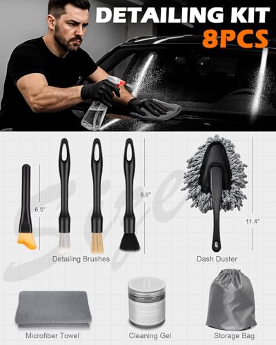 8PCS Car Detailing Brush Set, Interior Car Cleaning Kit with Dash Duster - color: Gray