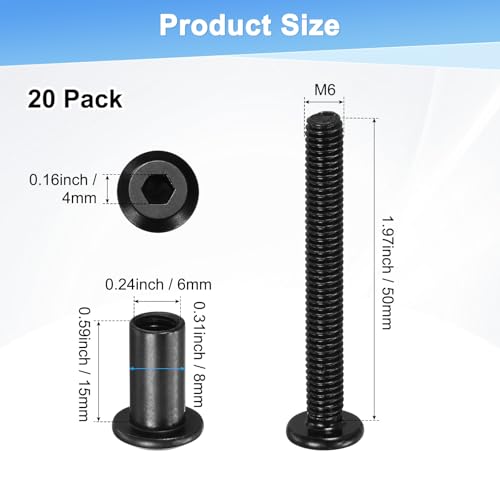 M METERXITY 20-Pack Hex Drive Socket Cap Bolt, M6 x 50mm Carbon Steel Furniture Connector Bolts Barrel Nuts for Furniture Assembly/Cabinet/DIY Binding Post Screws Rivet Fasteners [Black] - size: M6 x 50mm