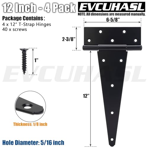 12 Inch T-Strap Gate Hinges, Shed Barn Door Hinges Heavy Duty, Black Tee Hinges for Wooden Fences, Yard Gate, Wrought Hardware Iron Rustproof (4 Pack/Set) - size: 12 Inch