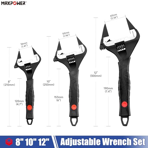 MAXPOWER Slim Jaw Adjustable Wrench Set, 8" 10" 12" Wide Jaw Opening Adjustable Wrench, Dual Scale with Metric and SAE, Deep Jaw with Soft Grip Handle, Jaw Capacity 36mm 50mm 60mm - size: 8" 10" 12"