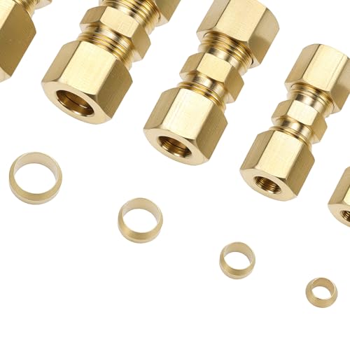 QWORK 46pcs Brass Compression Tube Fittings, 1/8" 3/16" 1/4" 5/16" 3/8" 1/2" OD Straight Union Coupling Assortment Kit for Truck Airlines