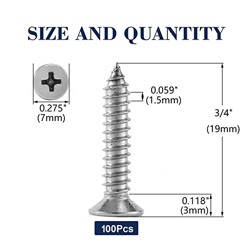 #7 x 3/4" Wood Screw 100Pcs 18-8 (304) Stainless Steel Screws Flat Head Phillips Fast Self Tapping Drywall Screws by SG TZH - size: #7 x 3/4"
