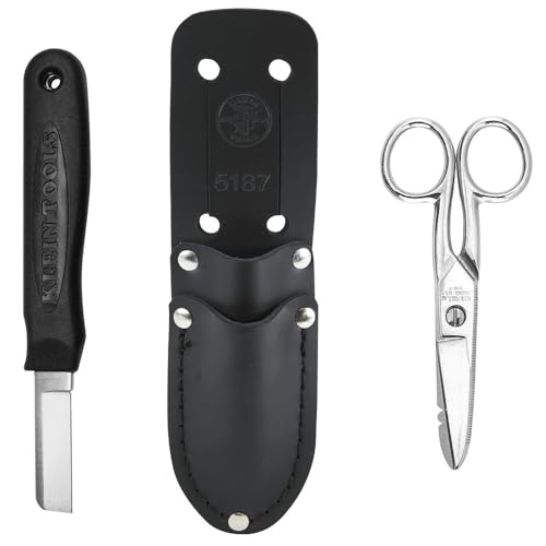 Klein Tools 46037 Cable Splicer's Kit with Electricans Scissors, Cable Splicer Knife and 2-Pocket Lather Pouch, Scissors with Wire Stripping Notches Strips 19 and 23 AWG Wire, 3-Piece