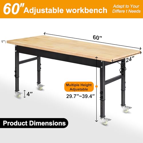 60" Adjustable Work Bench, Rubber Wood Top Workbench - size: 60 inches (with socket and wheels)