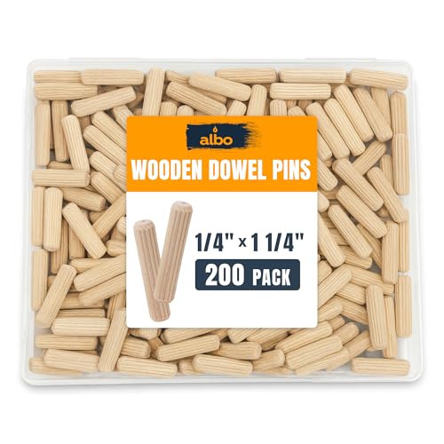 ALBO Wooden Dowel Pins 1/4 x 1-1/4 inch Fluted Wood Dowels Rods 200 Pack Hardwood Crafts Dowel Pegs - size: 1/4"- 200 Psc